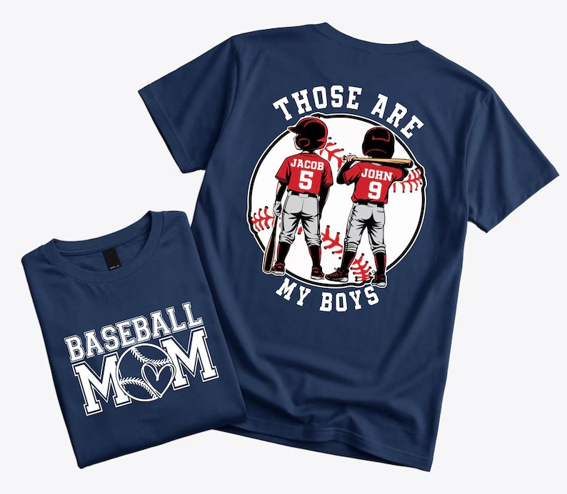 "That's My Boys" Custom Baseball Mom Shirt – Personalized with Kids' Names & Numbers