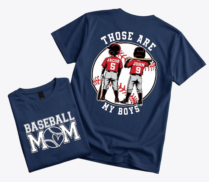 "That's My Boys" Custom Baseball Mom Shirt – Personalized with Kids' Names & Numbers