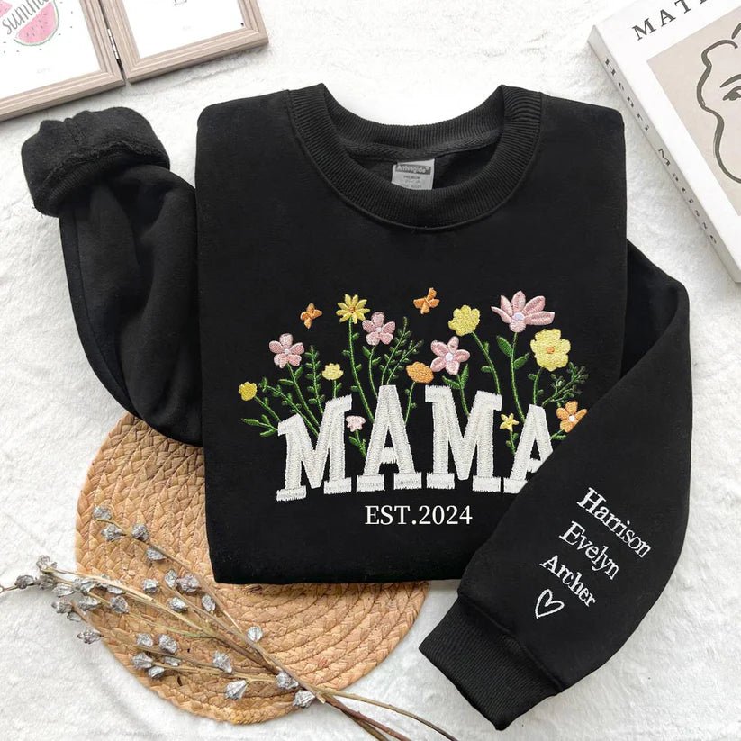 "MAMA EST" Floral Print Sweatshirt with Personalized Child's Name Embroidery - Canvasgiftco