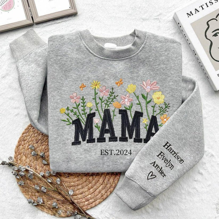 "MAMA EST" Floral Print Sweatshirt with Personalized Child's Name Embroidery - Canvasgiftco