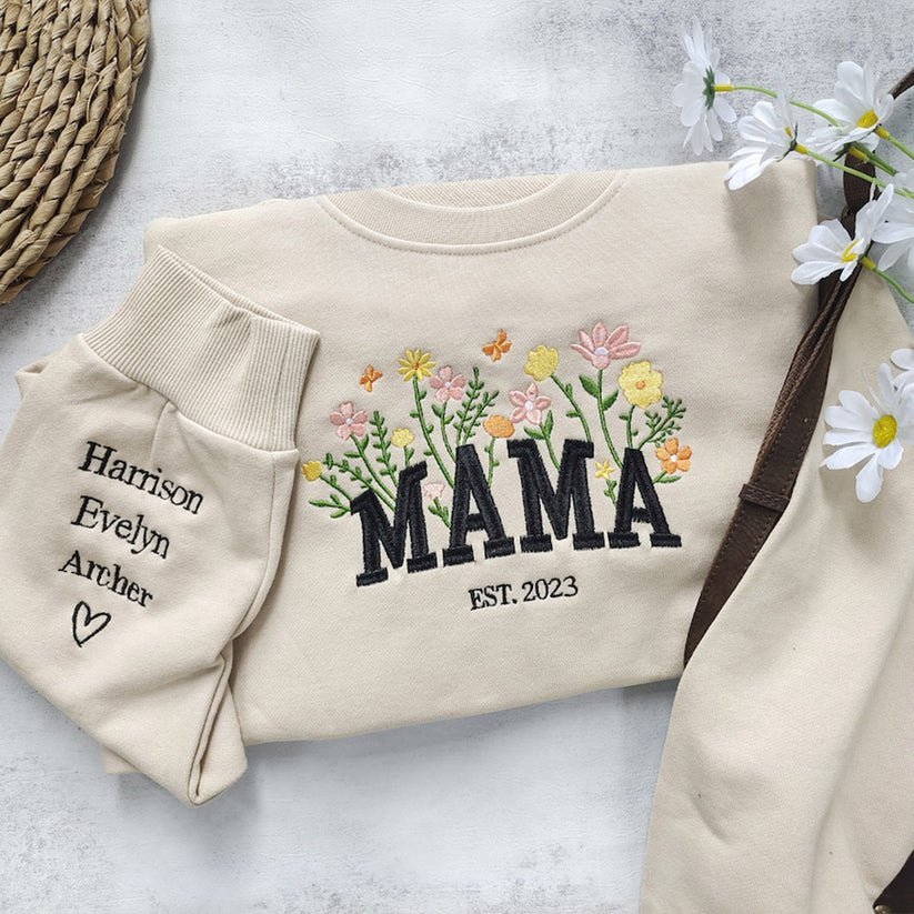"MAMA EST" Floral Print Sweatshirt with Personalized Child's Name Embroidery - Canvasgiftco