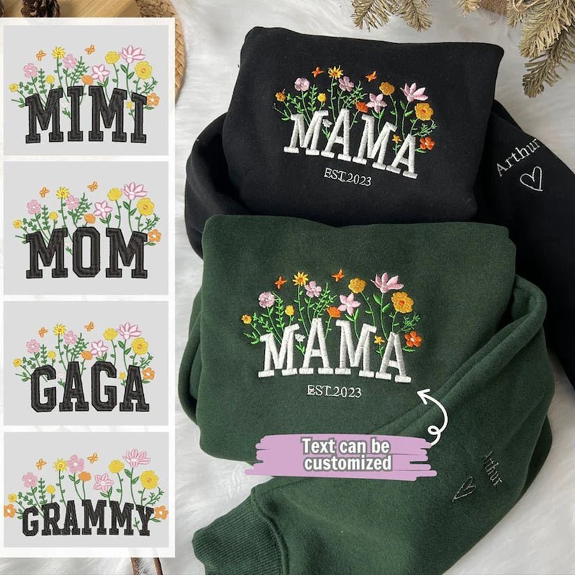 "MAMA EST" Floral Print Sweatshirt with Personalized Child's Name Embroidery - Canvasgiftco