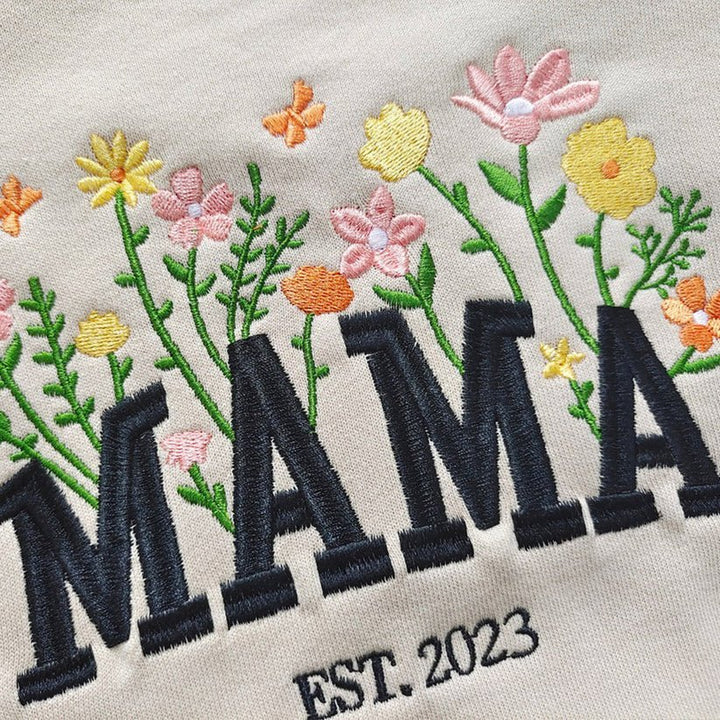 "MAMA EST" Floral Print Sweatshirt with Personalized Child's Name Embroidery - Canvasgiftco