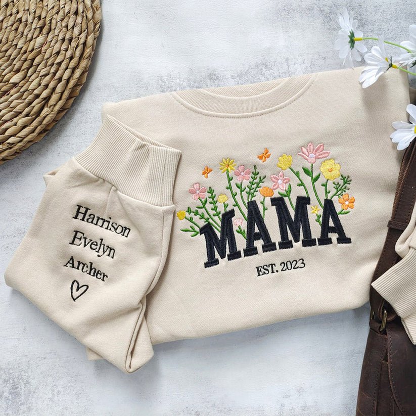 "MAMA EST" Floral Print Sweatshirt with Personalized Child's Name Embroidery - Canvasgiftco