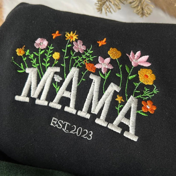 "MAMA EST" Floral Print Sweatshirt with Personalized Child's Name Embroidery - Canvasgiftco