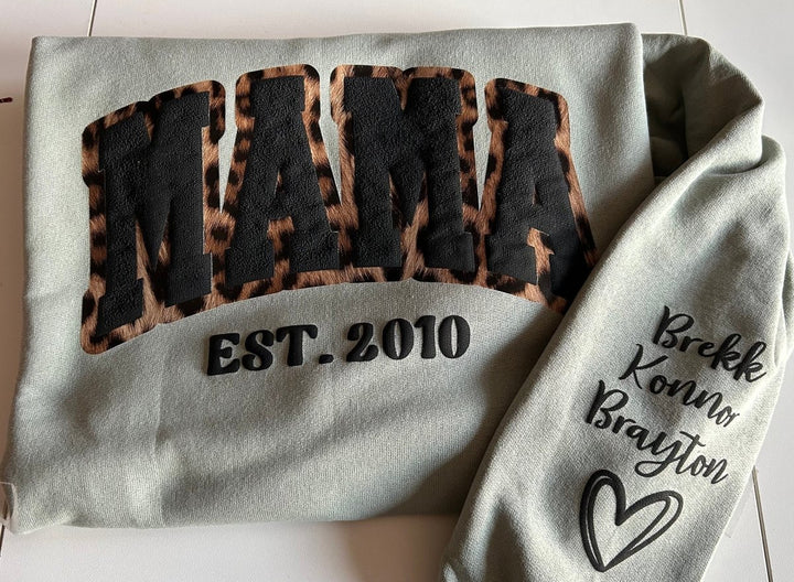 Mama Leopard Puff Print Personalized Sweatshirt or Hoodie with Kids Name Sleeve Gift Sweatshirt New Mom Sweatshirts gift - Canvasgiftco