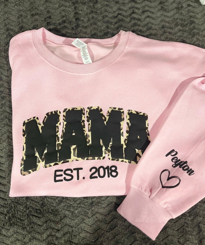 Mama Leopard Puff Print Personalized Sweatshirt or Hoodie with Kids Name Sleeve Gift Sweatshirt New Mom Sweatshirts gift - Canvasgiftco