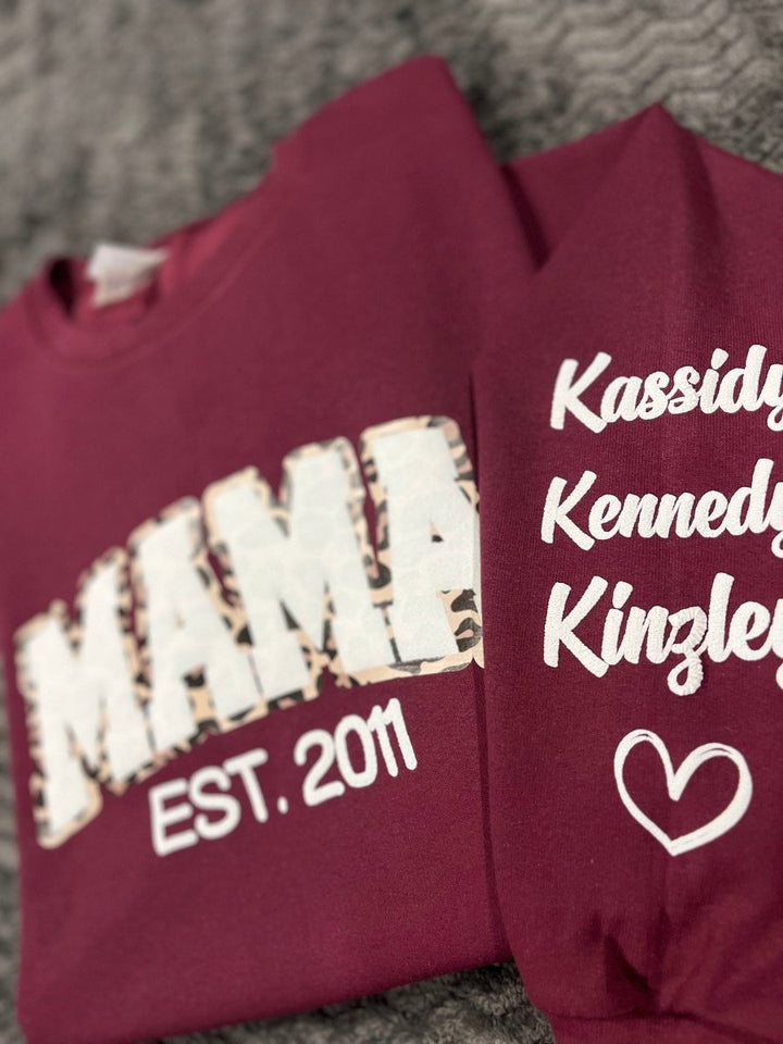 Mama Leopard Puff Print Personalized Sweatshirt or Hoodie with Kids Name Sleeve Gift Sweatshirt New Mom Sweatshirts gift - Canvasgiftco