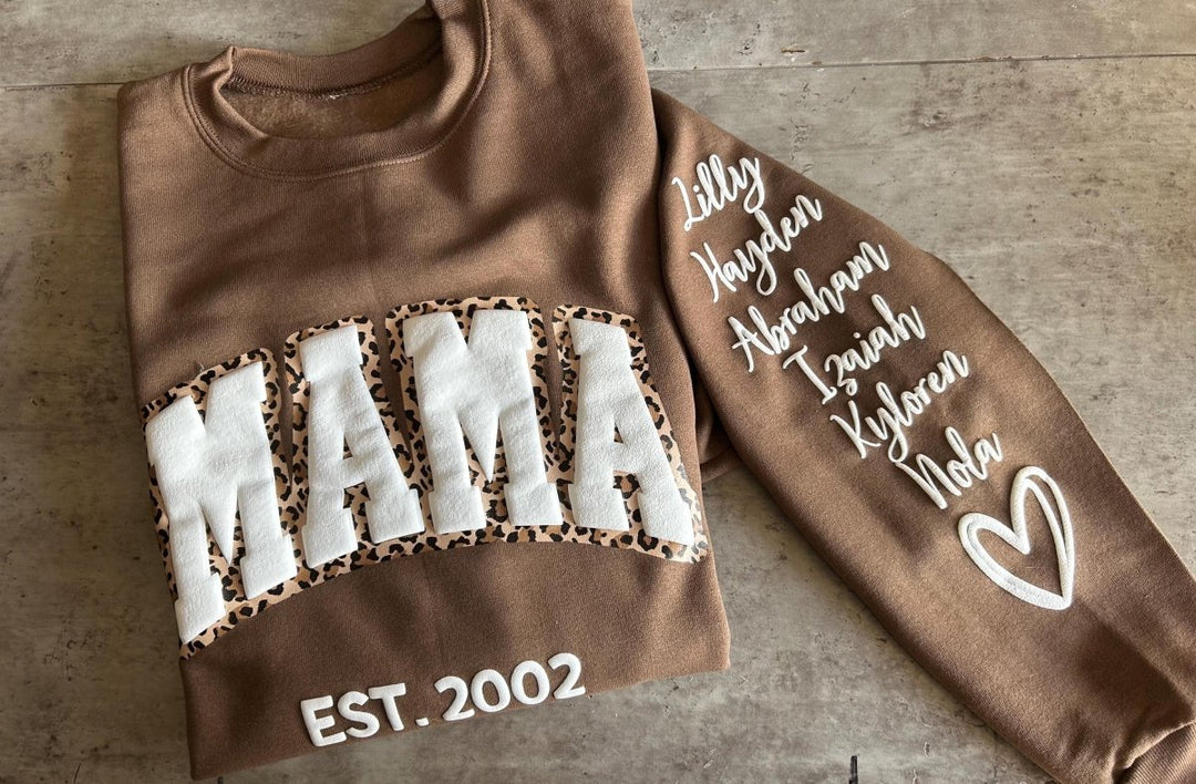 Mama Leopard Puff Print Personalized Sweatshirt or Hoodie with Kids Name Sleeve Gift Sweatshirt New Mom Sweatshirts gift - Canvasgiftco