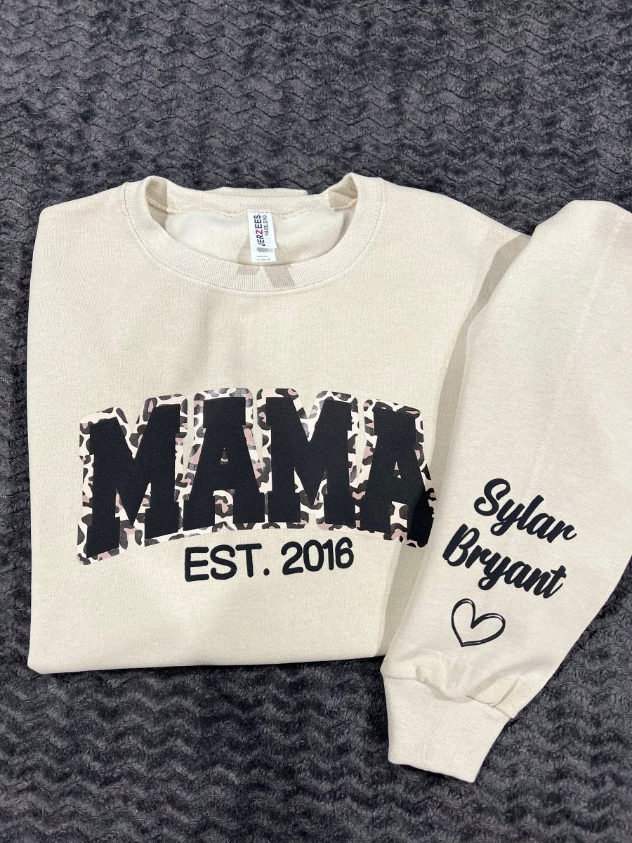 Mama Leopard Puff Print Personalized Sweatshirt or Hoodie with Kids Name Sleeve Gift Sweatshirt New Mom Sweatshirts gift - Canvasgiftco
