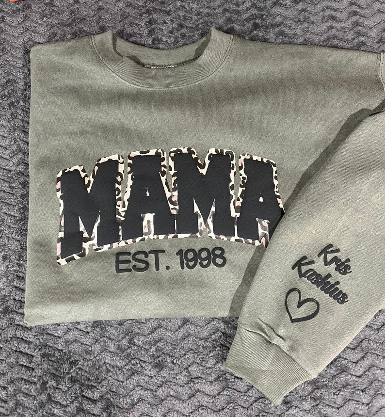 Mama Leopard Puff Print Personalized Sweatshirt or Hoodie with Kids Name Sleeve Gift Sweatshirt New Mom Sweatshirts gift - Canvasgiftco