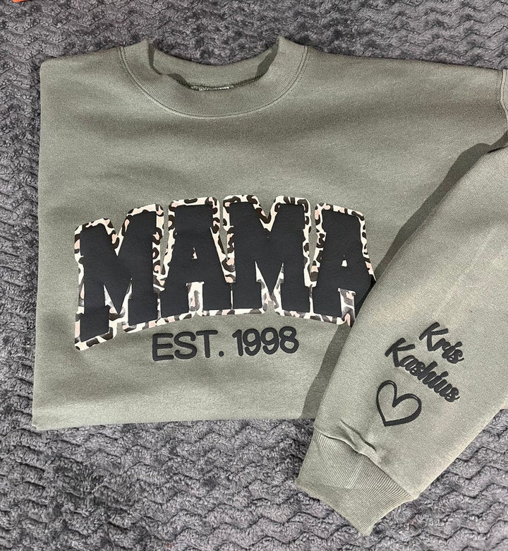 Mama Leopard Puff Print Personalized Sweatshirt or Hoodie with Kids Name Sleeve Gift Sweatshirt New Mom Sweatshirts gift - Canvasgiftco