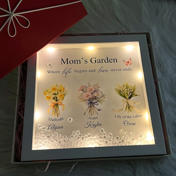Personalised Floral Frame - Mom's Garden is Her Children Glowing Light Frame Box - Canvasgiftco