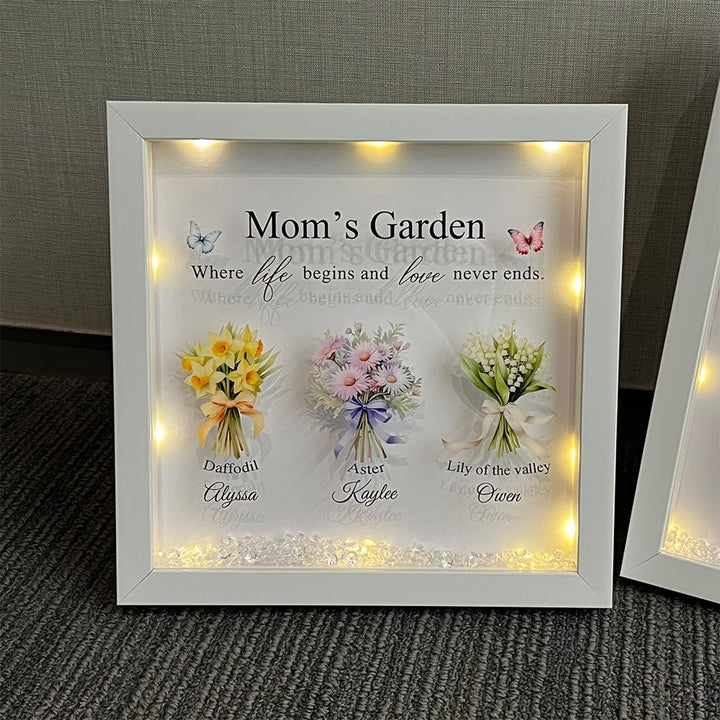 Personalised Floral Frame - Mom's Garden is Her Children Glowing Light Frame Box - Canvasgiftco