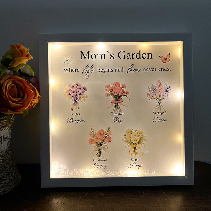 Personalised Floral Frame - Mom's Garden is Her Children Glowing Light Frame Box - Canvasgiftco