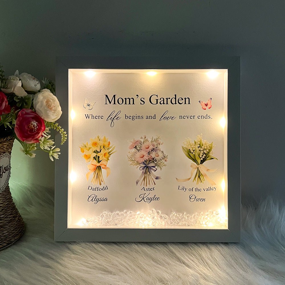 Personalised Floral Frame - Mom's Garden is Her Children Glowing Light Frame Box - Canvasgiftco