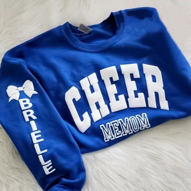 Personalized 3d Puff Print Cheer Mom Sweatshirt With Kids Name On Sleeve - Canvasgiftco
