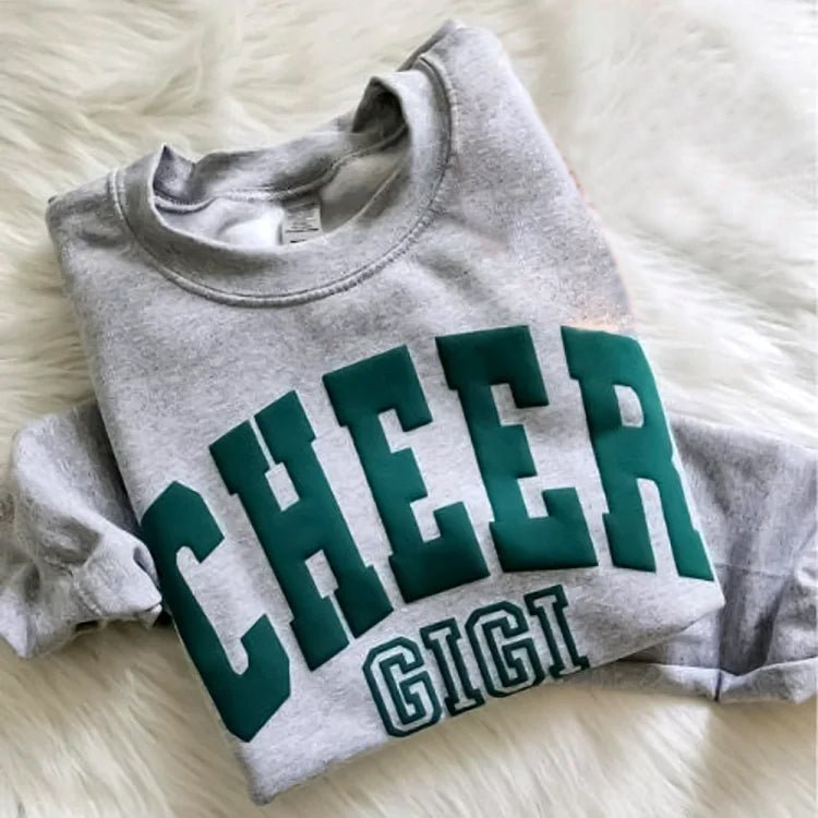 Personalized 3d Puff Print Cheer Mom Sweatshirt With Kids Name On Sleeve - Canvasgiftco