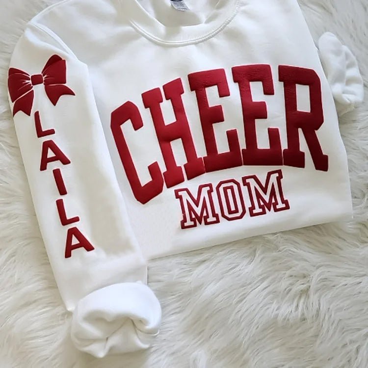 Personalized 3d Puff Print Cheer Mom Sweatshirt With Kids Name On Sleeve - Canvasgiftco