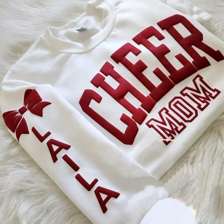 Personalized 3d Puff Print Cheer Mom Sweatshirt With Kids Name On Sleeve - Canvasgiftco