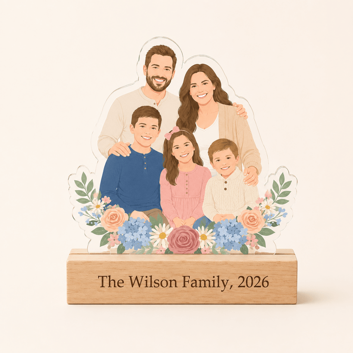 Personalized Acrylic Cartoon Portrait Stand with Wooden Base - Canvasgiftco