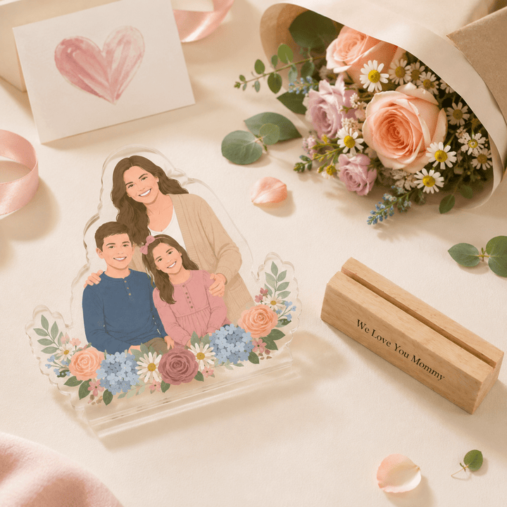Personalized Acrylic Cartoon Portrait Stand with Wooden Base - Canvasgiftco
