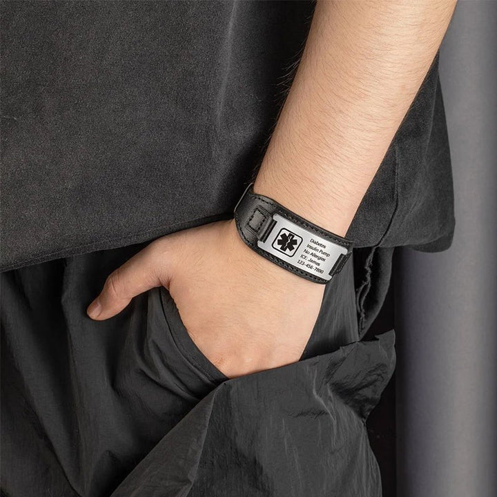 Personalized Adjustable Leather Emergency Medical Alert Bracelet - Canvasgiftco
