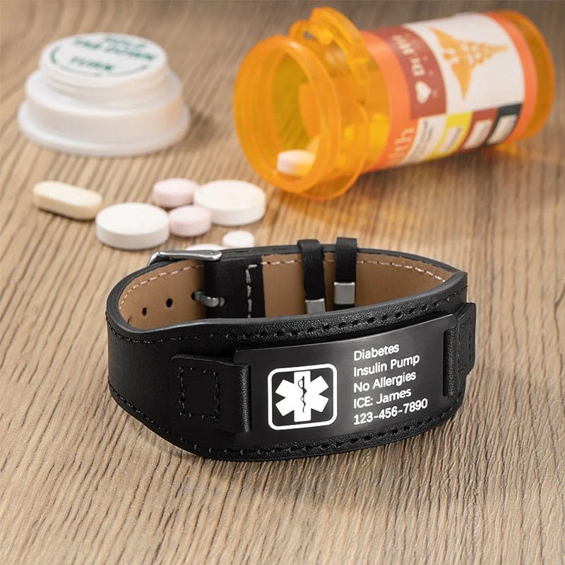 Personalized Adjustable Leather Emergency Medical Alert Bracelet - Canvasgiftco