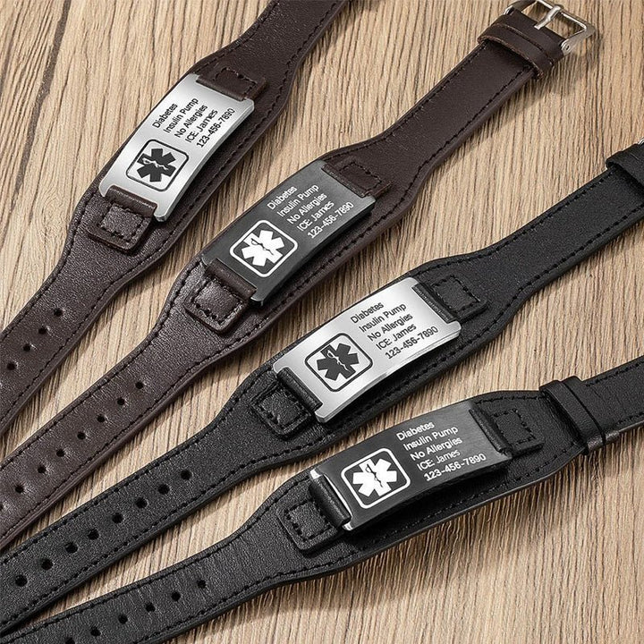 Personalized Adjustable Leather Emergency Medical Alert Bracelet - Canvasgiftco