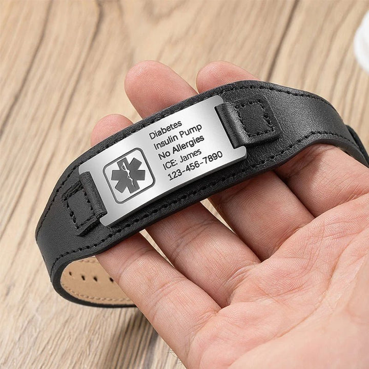 Personalized Adjustable Leather Emergency Medical Alert Bracelet - Canvasgiftco
