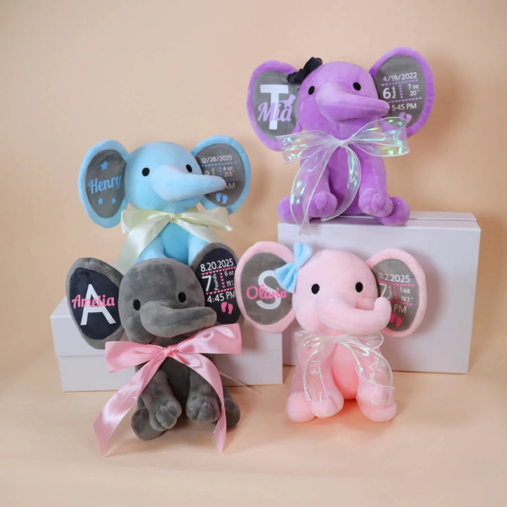 Personalized Baby Elephant Plush – Custom Newborn Birth Details Keepsake Gift - Canvasgiftco