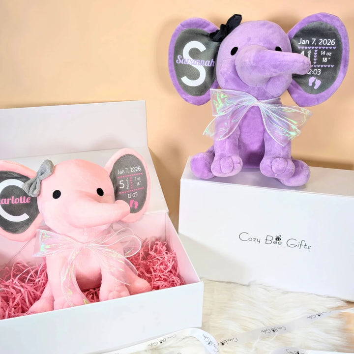 Personalized Baby Elephant Plush – Custom Newborn Birth Details Keepsake Gift - Canvasgiftco