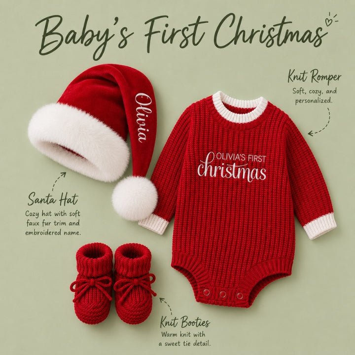 Personalized Baby’s First Christmas Organic Cotton Knit Romper - Canvasgiftco
