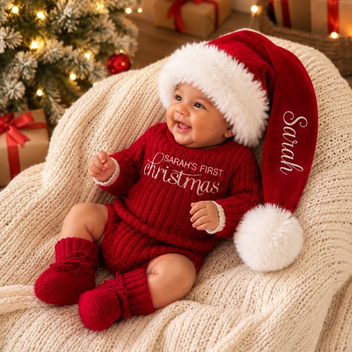 Personalized Baby’s First Christmas Organic Cotton Knit Romper - Canvasgiftco