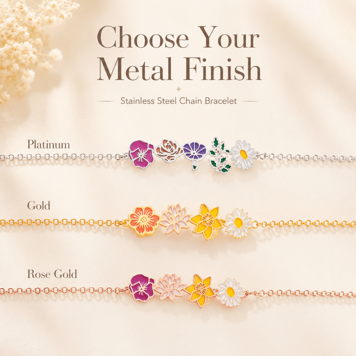 Personalized Birth Flower Chain Bracelet for Mom Grandma - Custom Family Flower Bracelet with 1–8 Flowers - Canvasgiftco