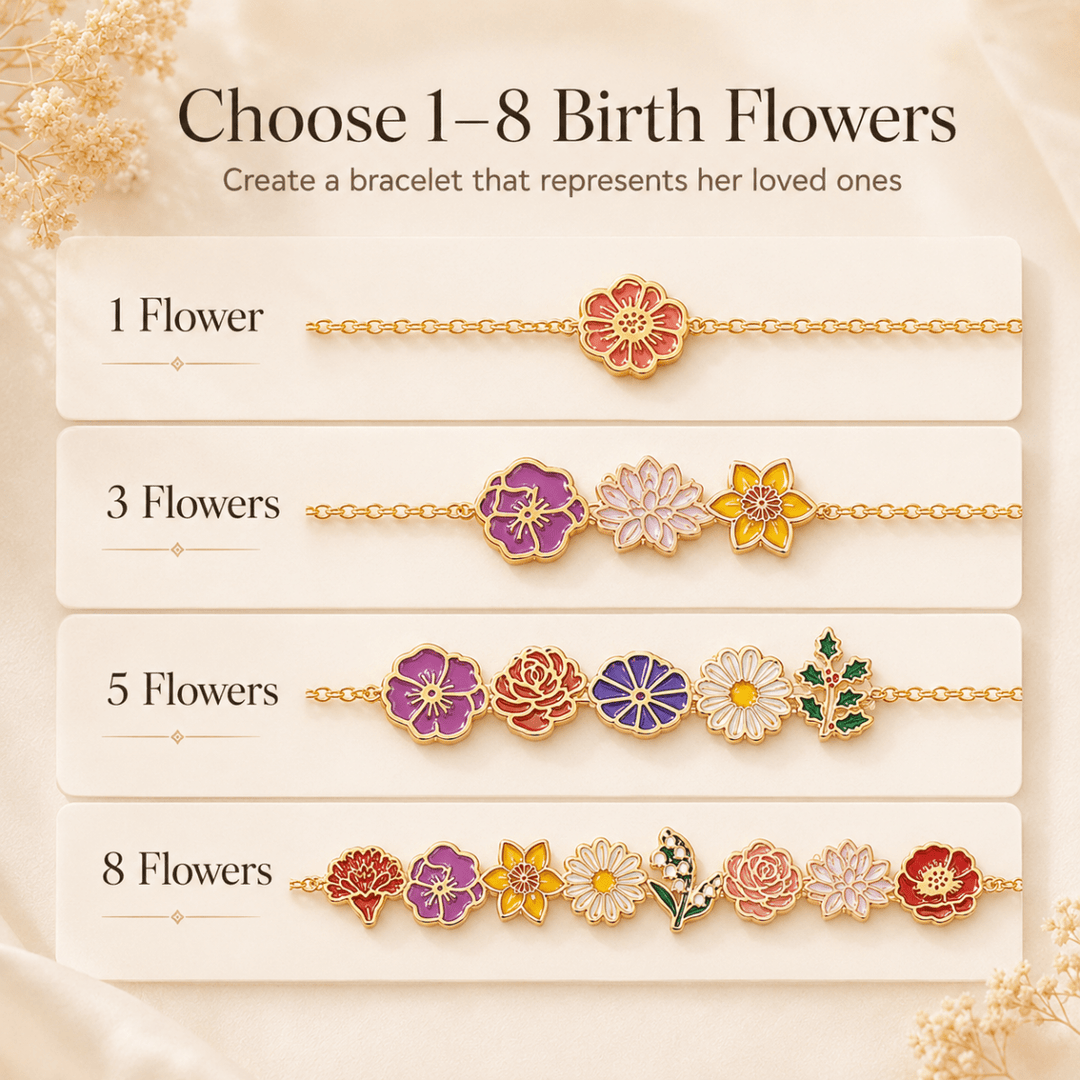 Personalized Birth Flower Chain Bracelet for Mom Grandma - Custom Family Flower Bracelet with 1–8 Flowers - Canvasgiftco