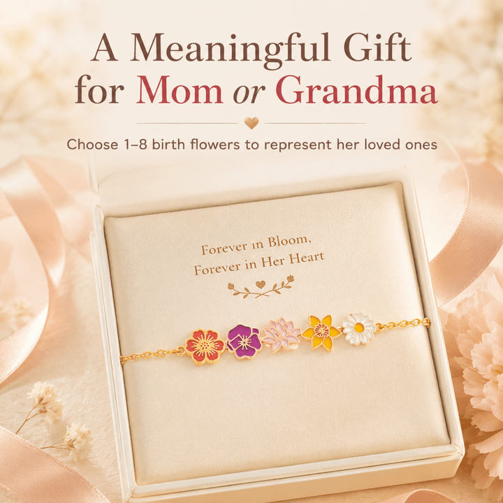 Personalized Birth Flower Chain Bracelet for Mom Grandma - Custom Family Flower Bracelet with 1–8 Flowers - Canvasgiftco