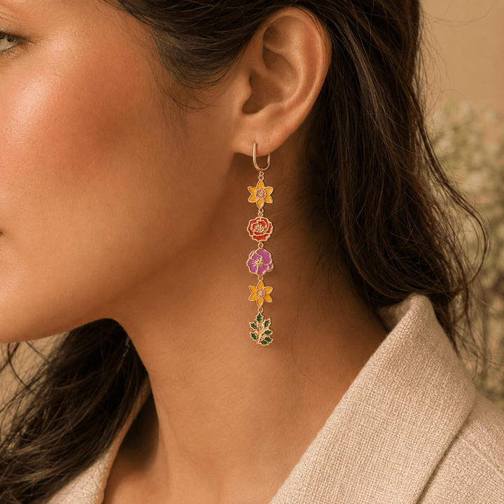Personalized Birth Flower Dangle Earrings, Custom 1–5 Birth Month Flower Earrings, Meaningful Birthday Gift for Mom Grandma - Canvasgiftco