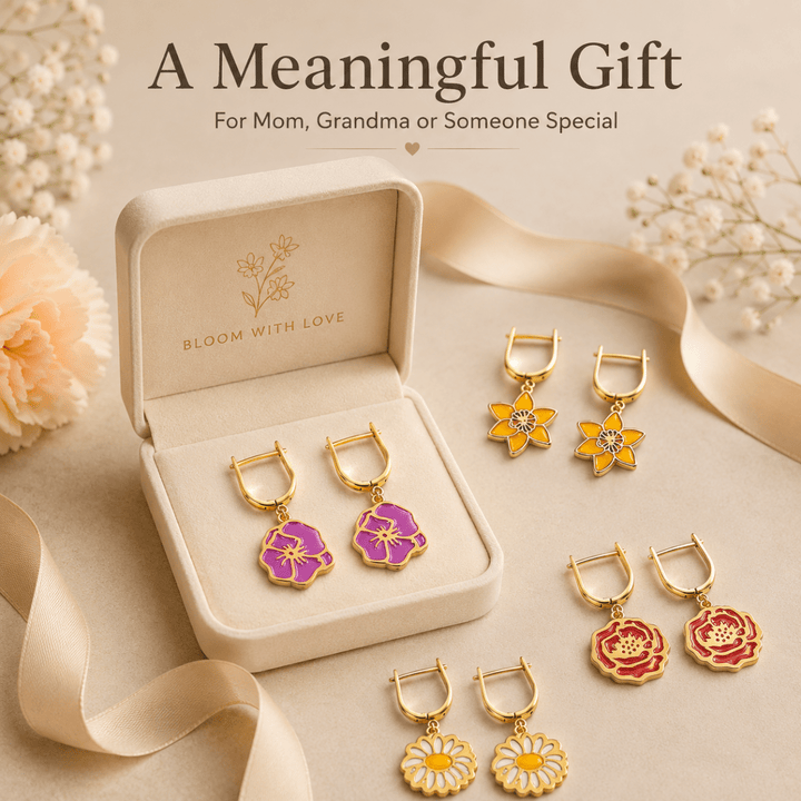 Personalized Birth Flower Dangle Earrings - Custom Birth Month Flower - Canvasgiftco