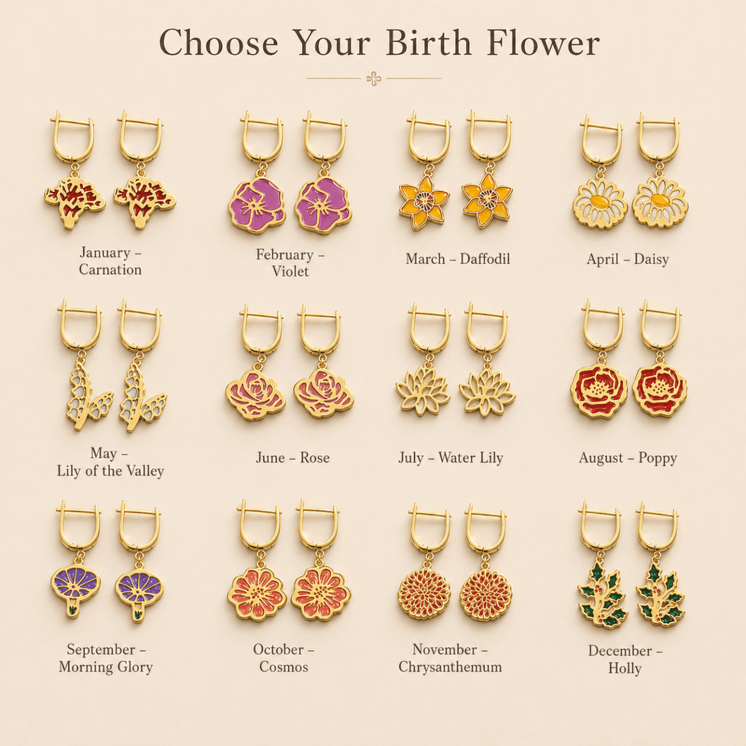 Personalized Birth Flower Dangle Earrings - Custom Birth Month Flower - Canvasgiftco