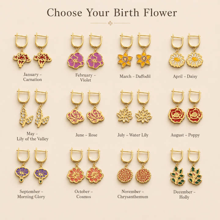 Personalized Birth Flower Dangle Earrings - Custom Birth Month Flower - Canvasgiftco