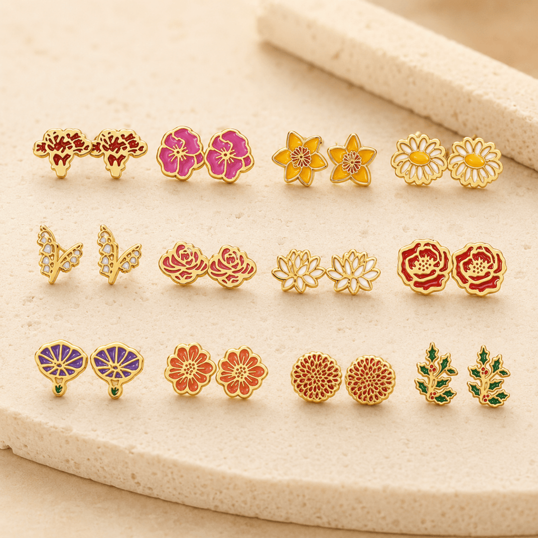 Personalized Birth Flower Stud Earrings for Her - Canvasgiftco