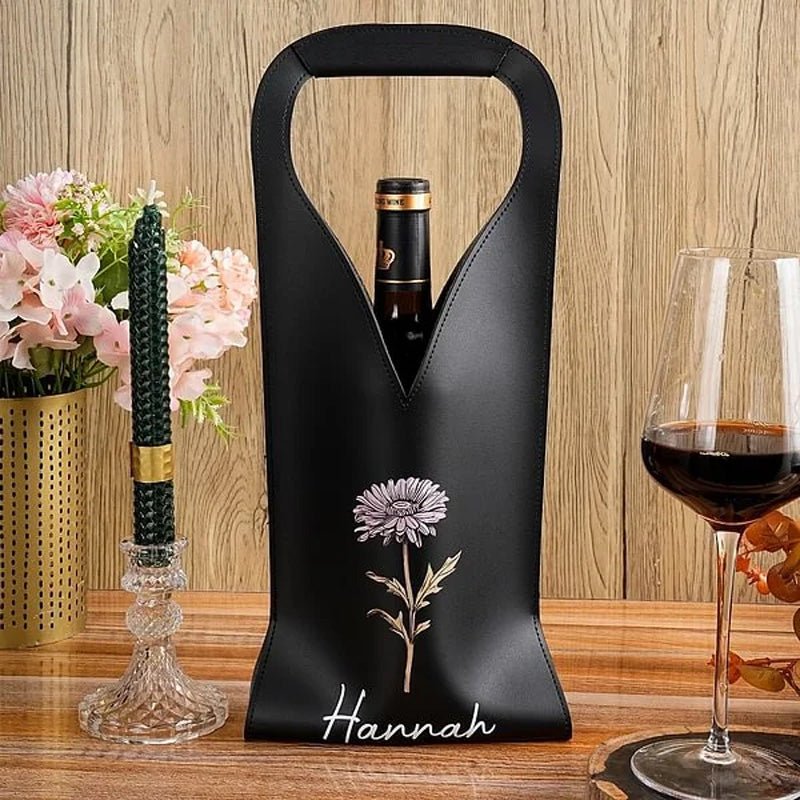 Personalized Birthday Flower Leather Wine Bag - Canvasgiftco