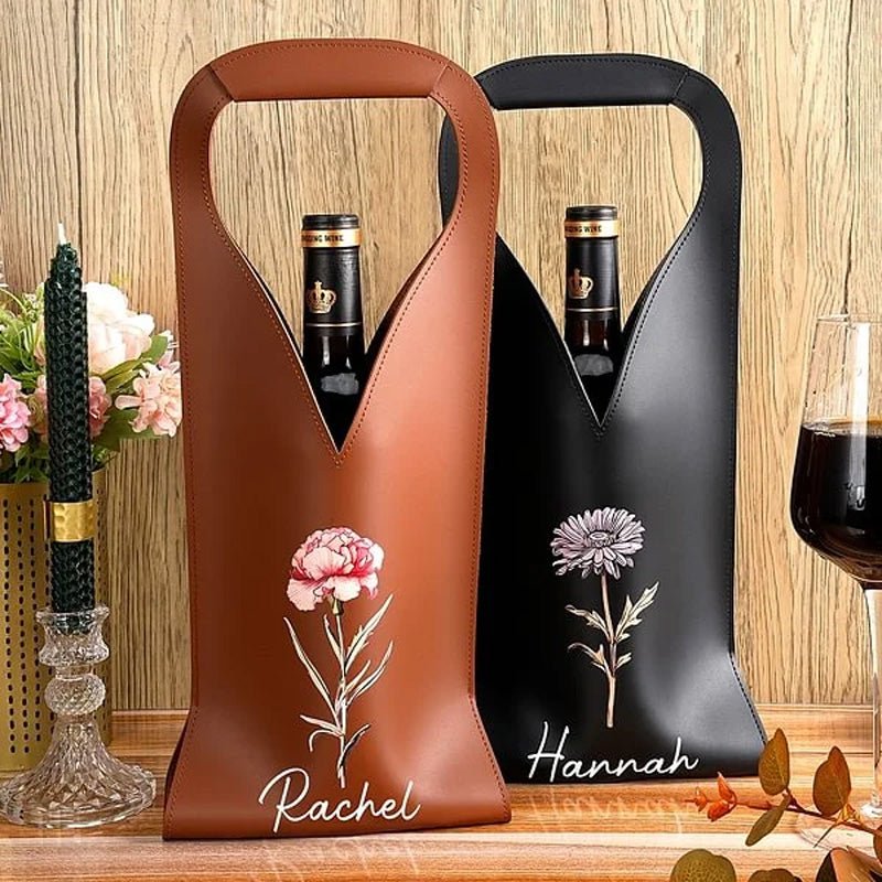Personalized Birthday Flower Leather Wine Bag - Canvasgiftco