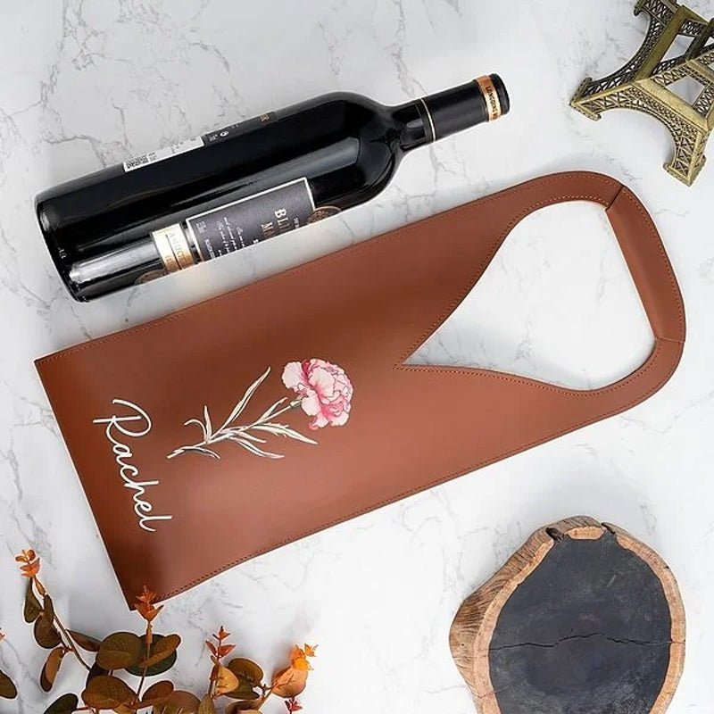 Personalized Birthday Flower Leather Wine Bag - Canvasgiftco