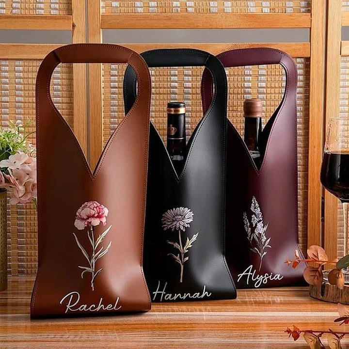 Personalized Birthday Flower Leather Wine Bag - Canvasgiftco