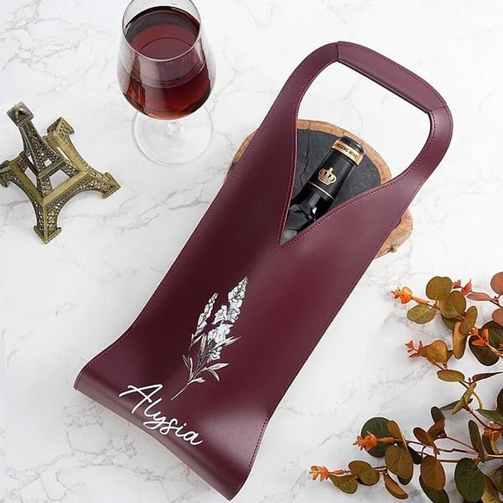 Personalized Birthday Flower Leather Wine Bag - Canvasgiftco
