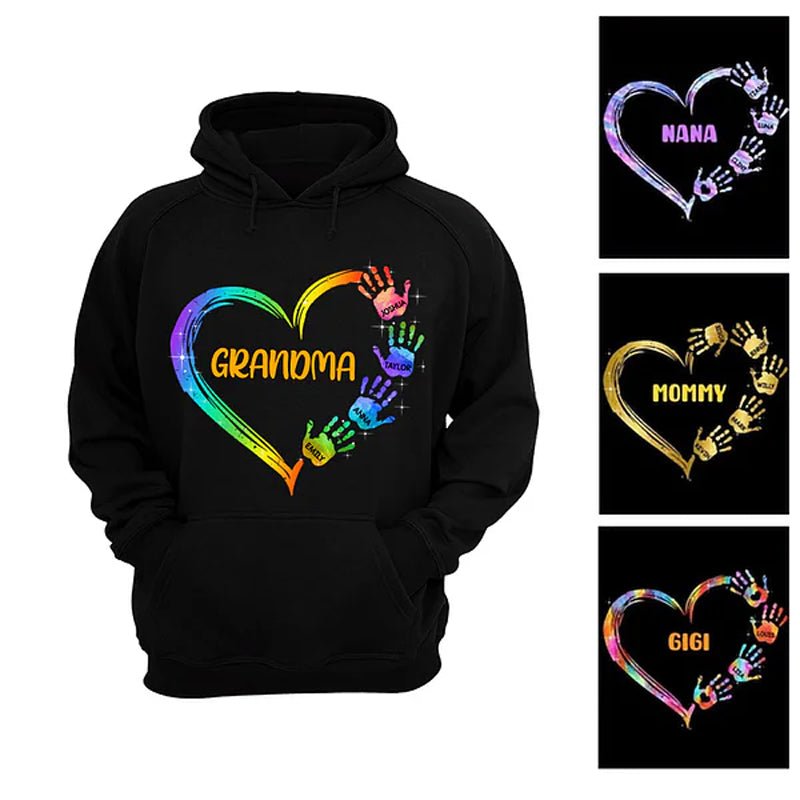 Personalized Colorful Heart Hand Print 100% Cotton T-Shirt Hoodie with Title and Kid Names - Canvasgiftco