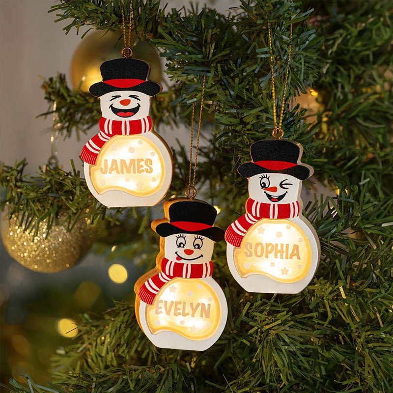 Personalized Cute Snowman LED Light Wooden Ornament - Canvasgiftco