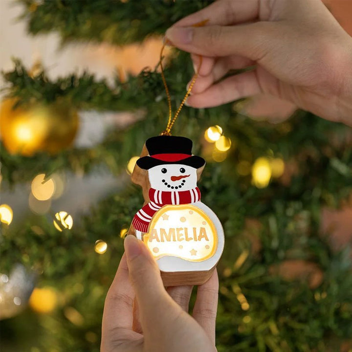 Personalized Cute Snowman LED Light Wooden Ornament - Canvasgiftco
